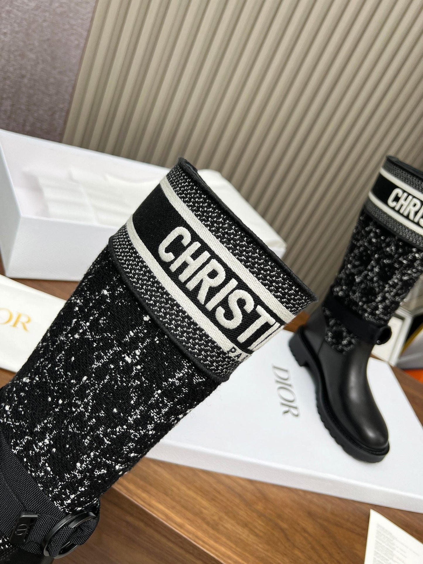 Classic style high boots in technical fabric and calfskin