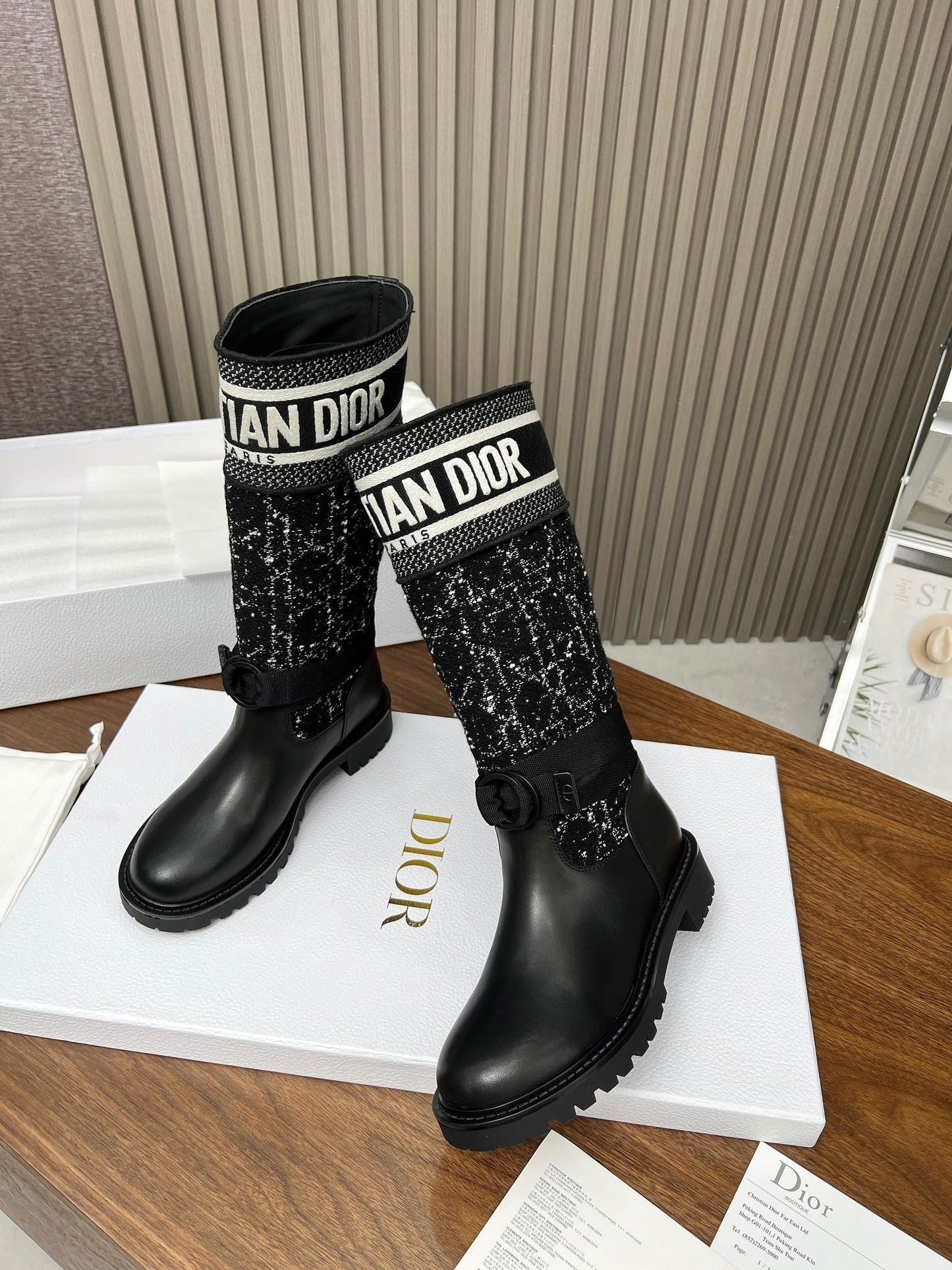 Classic style high boots in technical fabric and calfskin
