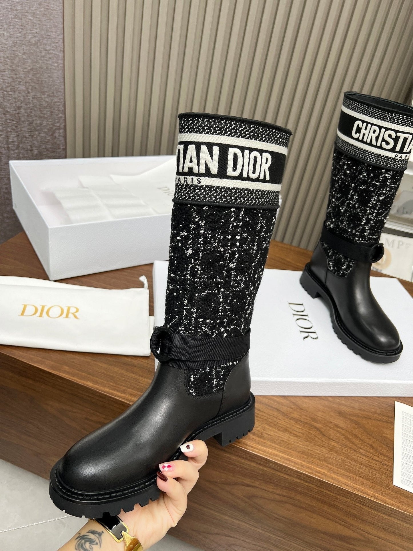 Classic style high boots in technical fabric and calfskin