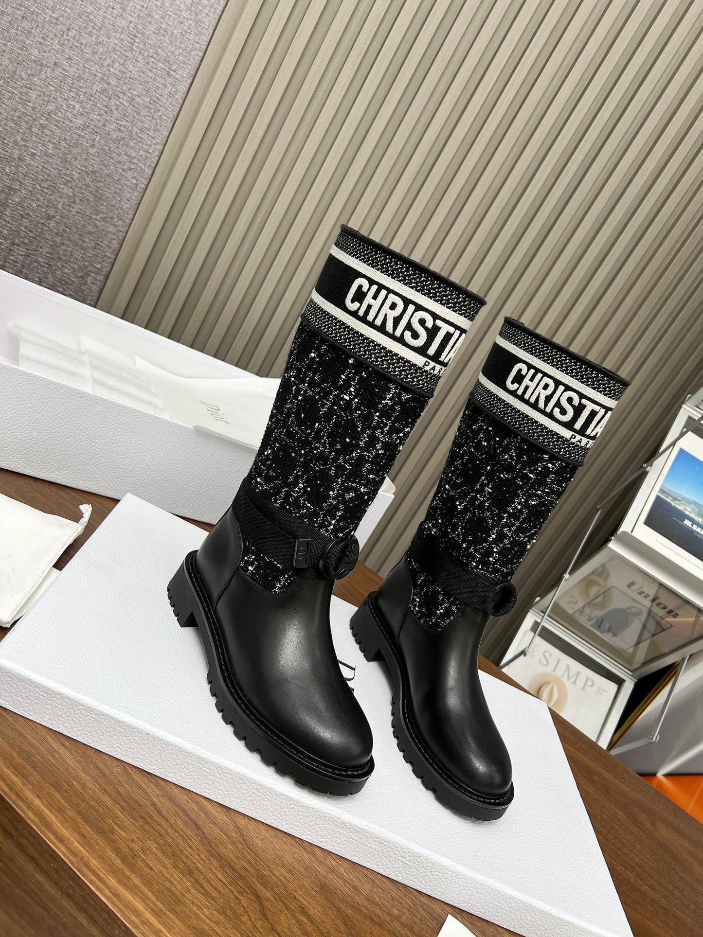 Classic style high boots in technical fabric and calfskin