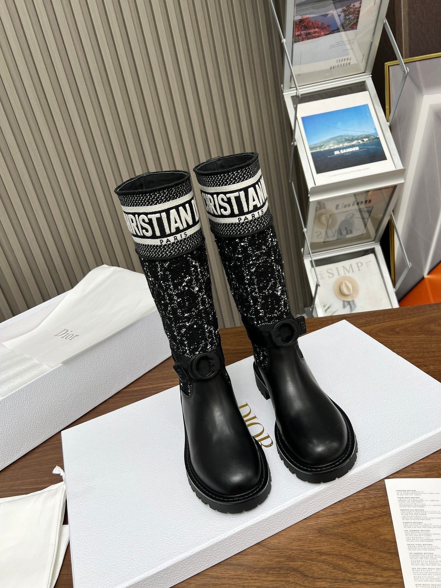 Classic style high boots in technical fabric and calfskin