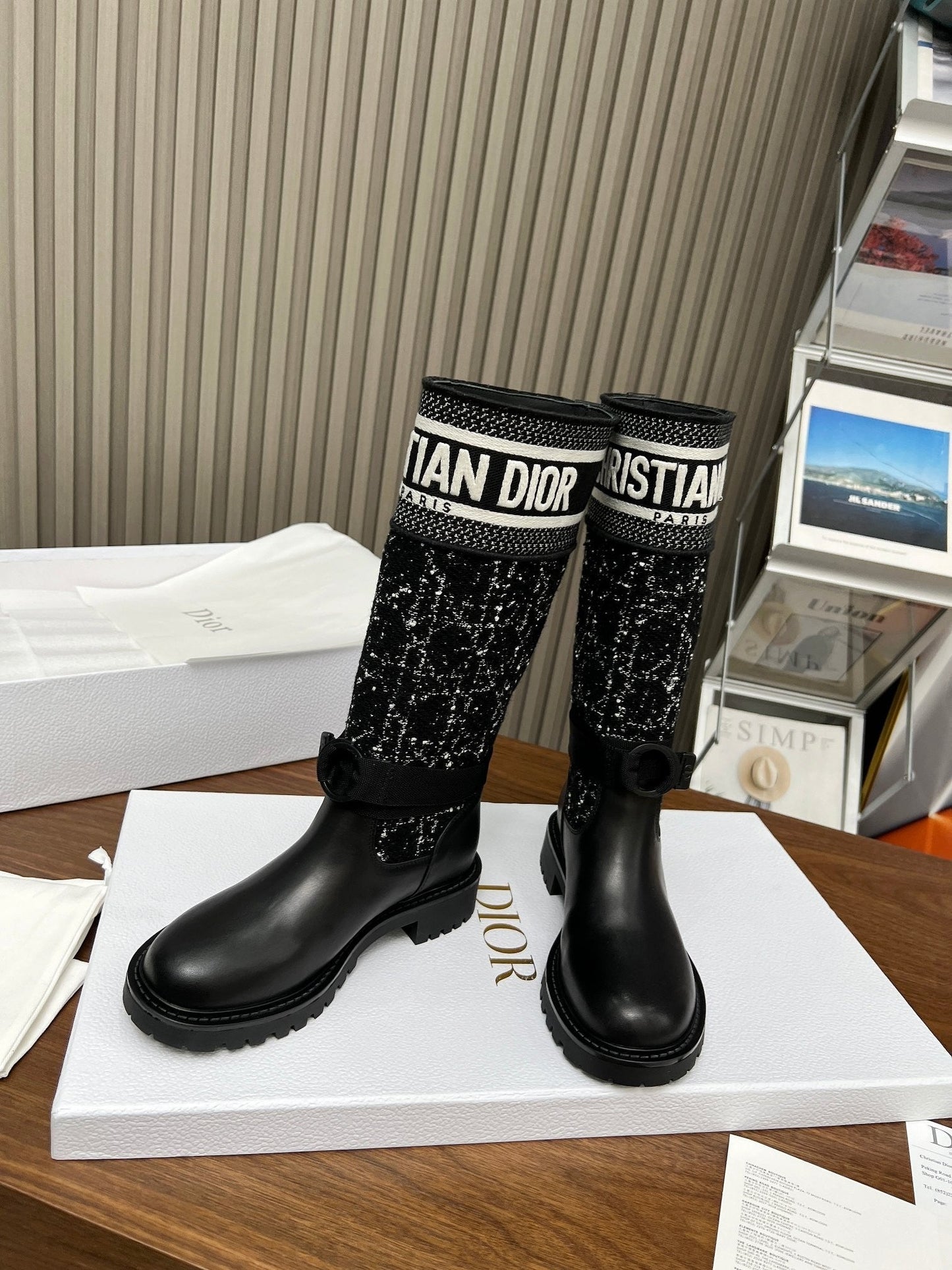 Classic style high boots in technical fabric and calfskin