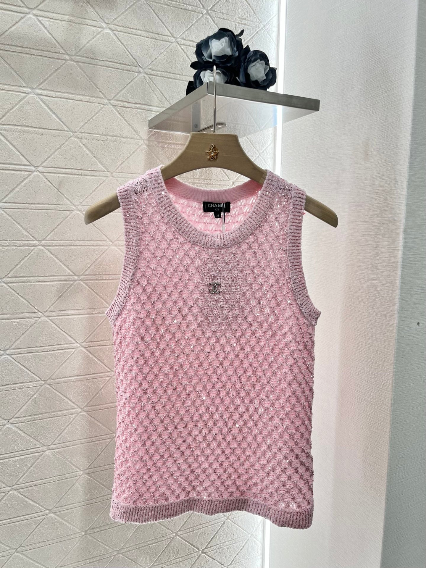 25ss sequined beaded hollow knitted vest