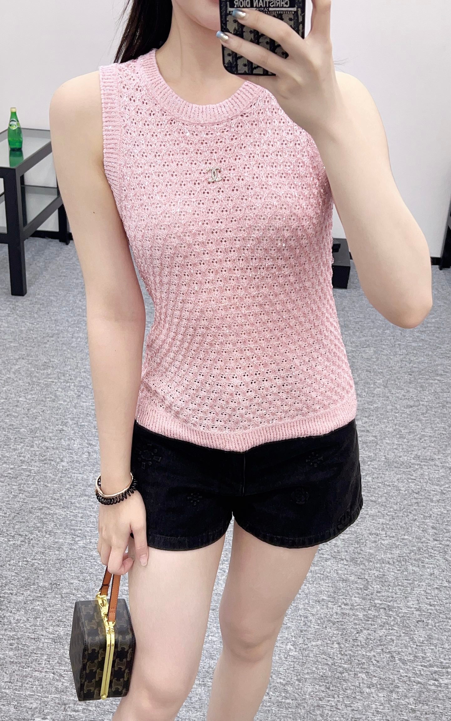 25ss sequined beaded hollow knitted vest