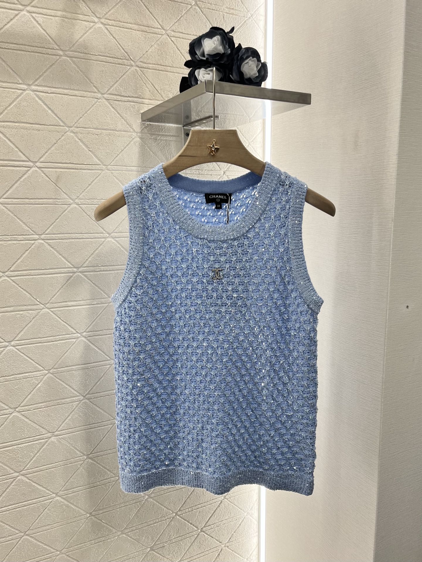 25ss sequined beaded hollow knitted vest