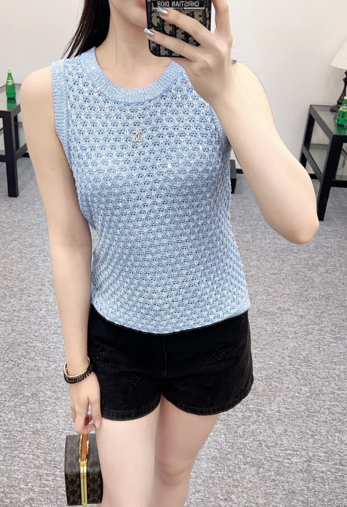 25ss sequined beaded hollow knitted vest