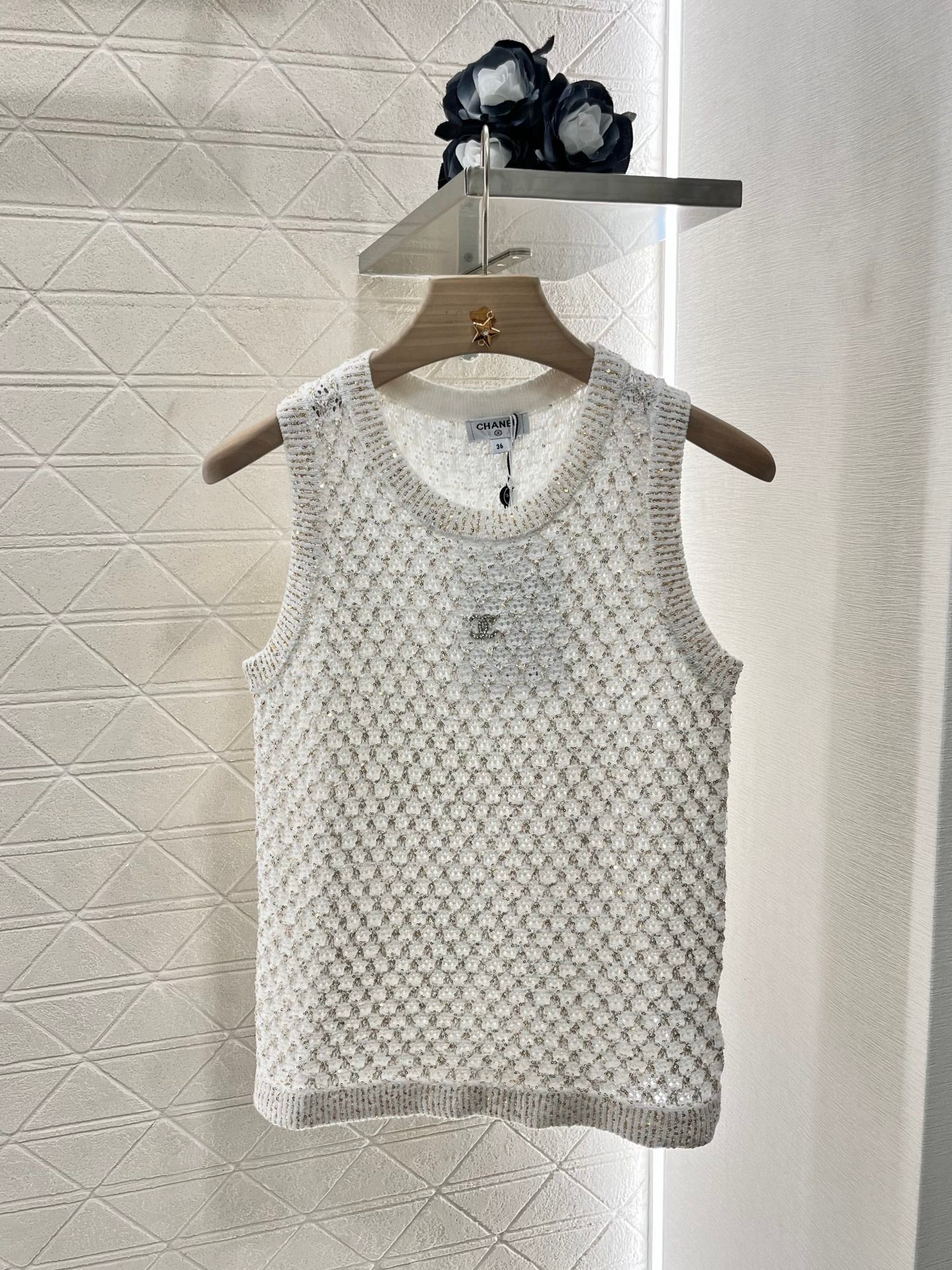 25ss sequined beaded hollow knitted vest