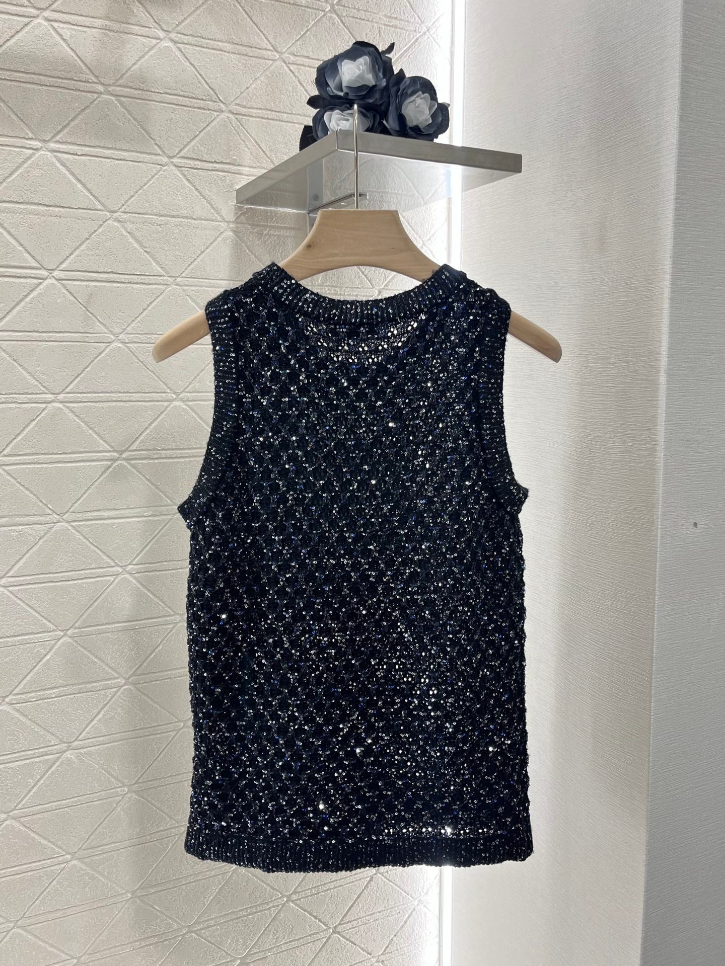 25ss sequined beaded hollow knitted vest