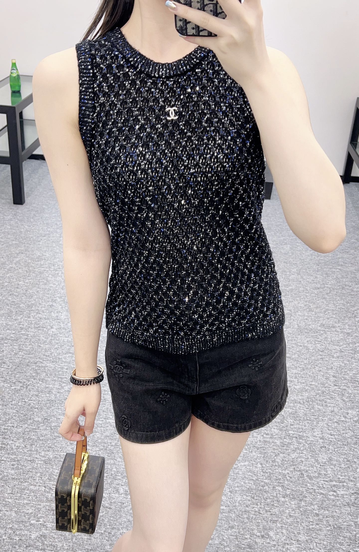 25ss sequined beaded hollow knitted vest