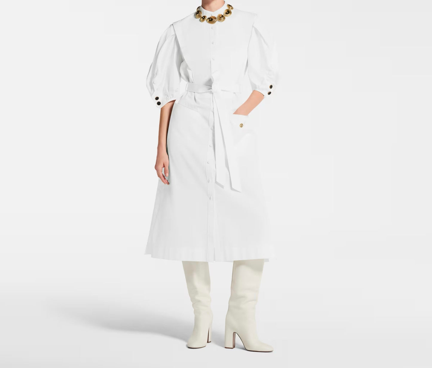 25ss stand collar sleeveless puff sleeve shirt dress