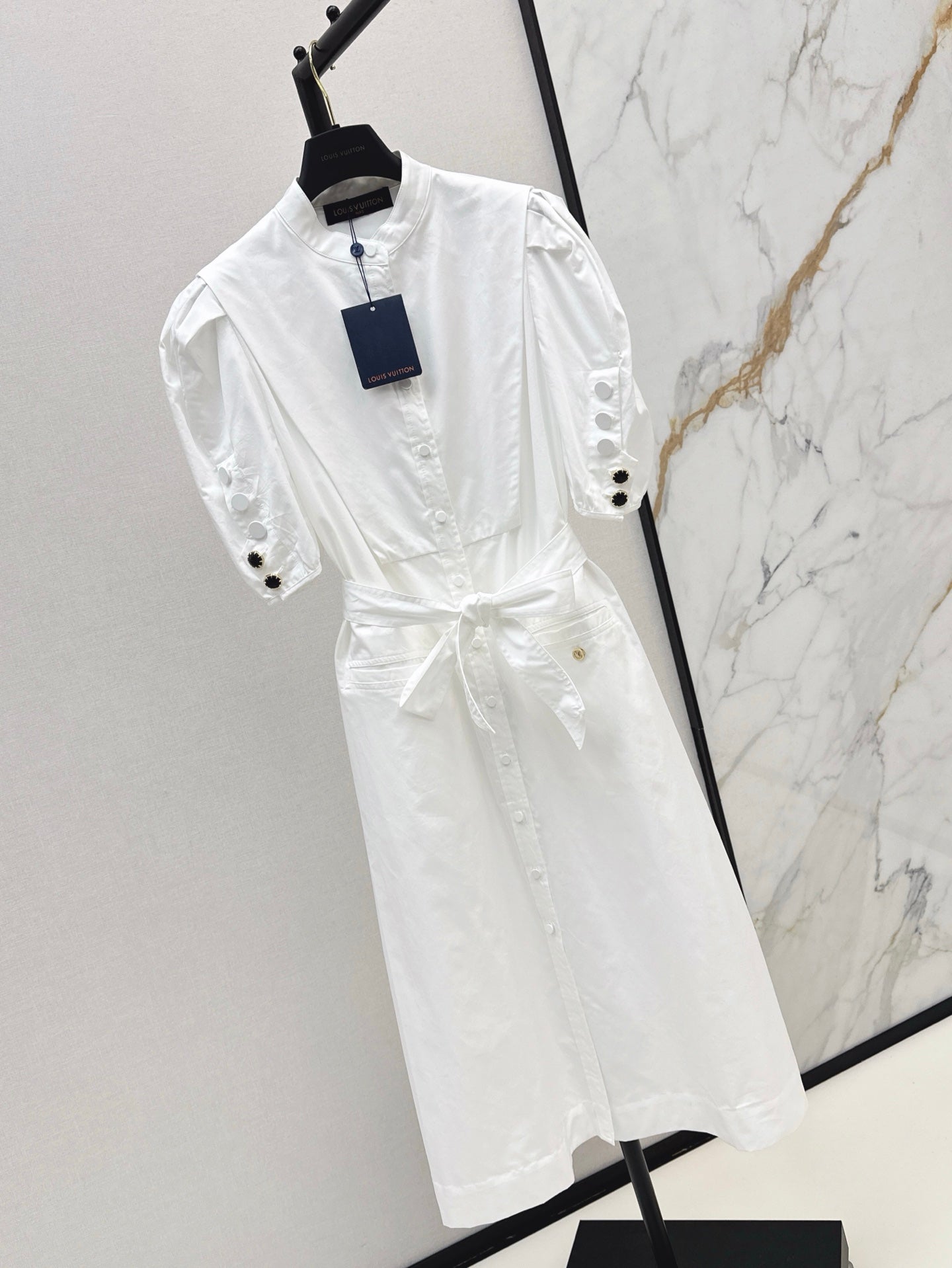 25ss stand collar sleeveless puff sleeve shirt dress