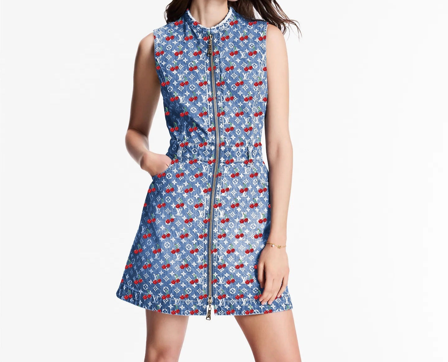 25ss cherry lettered jacquard round neck zipper sleeveless dress