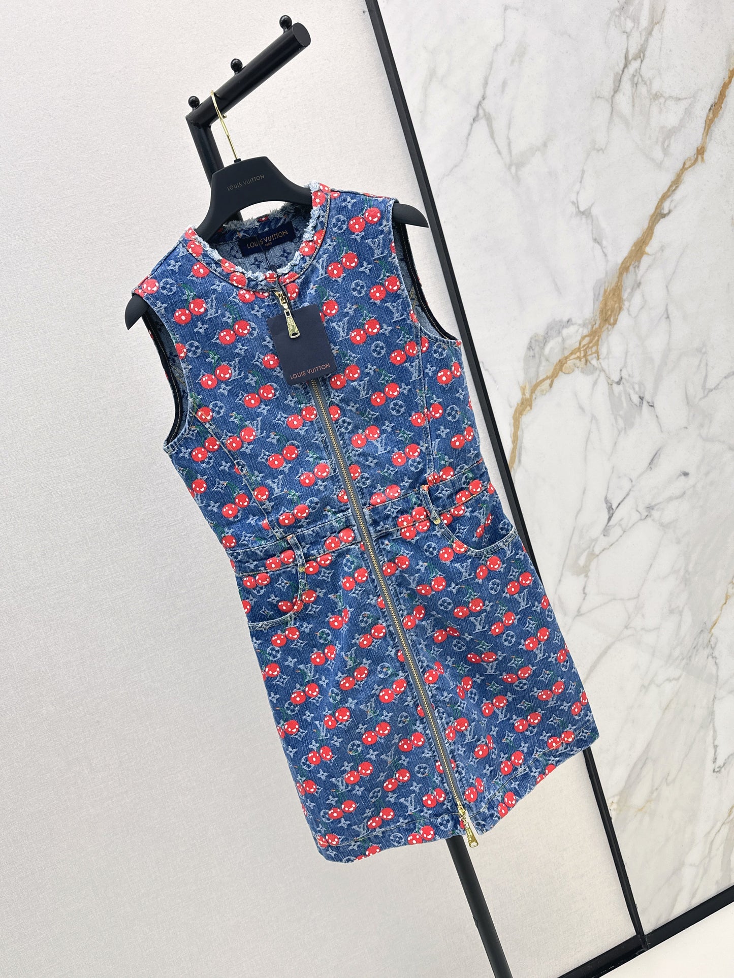 25ss cherry lettered jacquard round neck zipper sleeveless dress