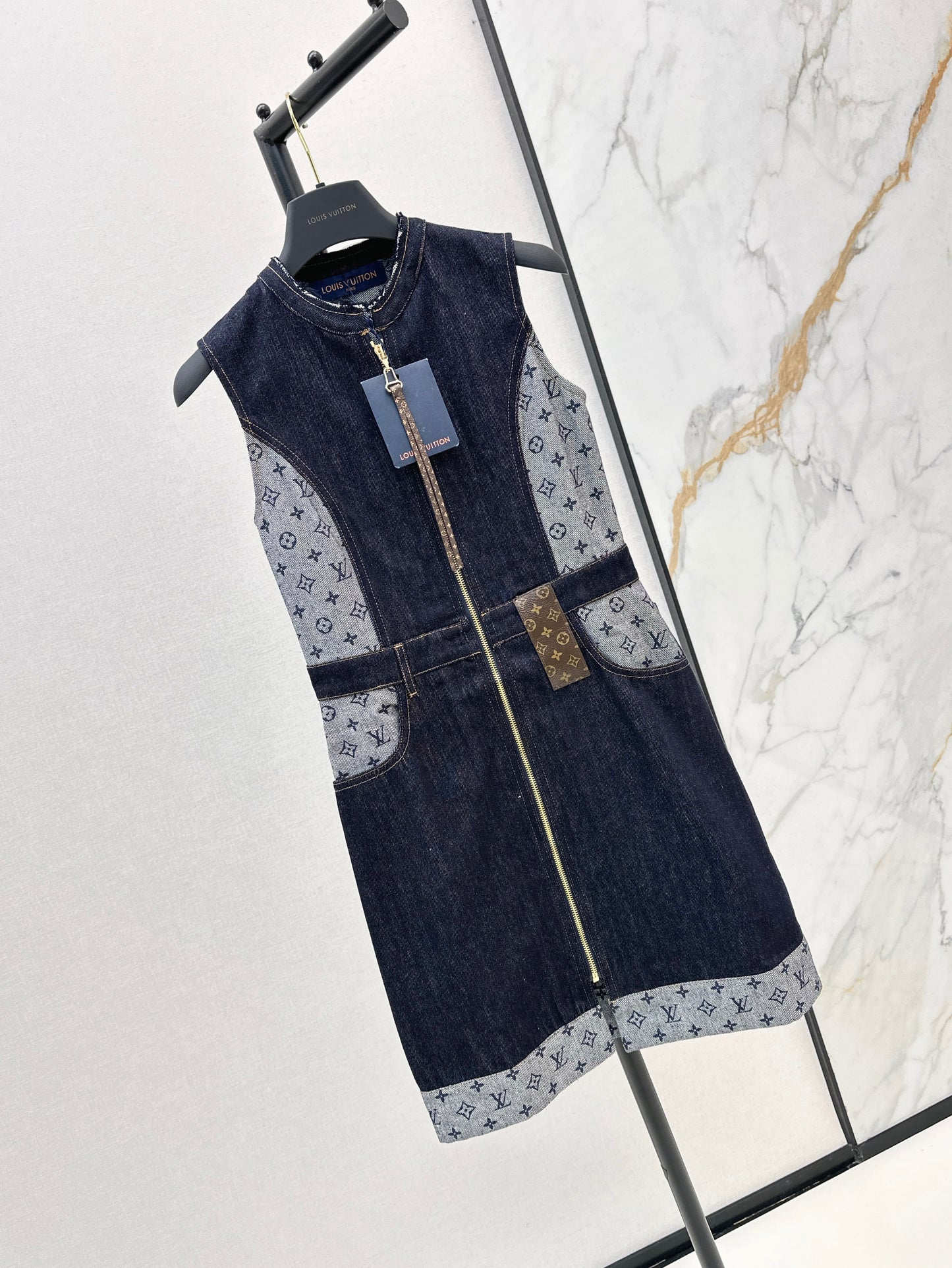 25ss jacquard patchwork leather patch vest dress