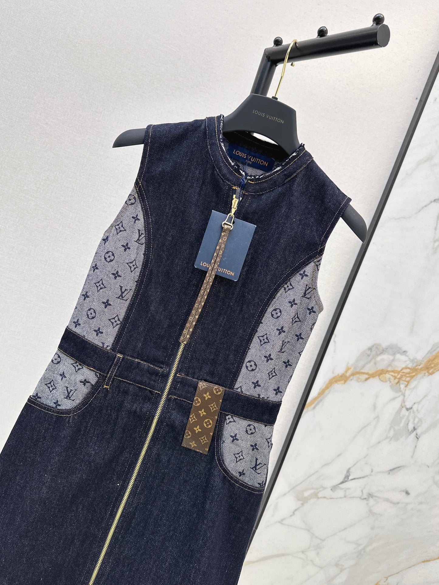 25ss jacquard patchwork leather patch vest dress