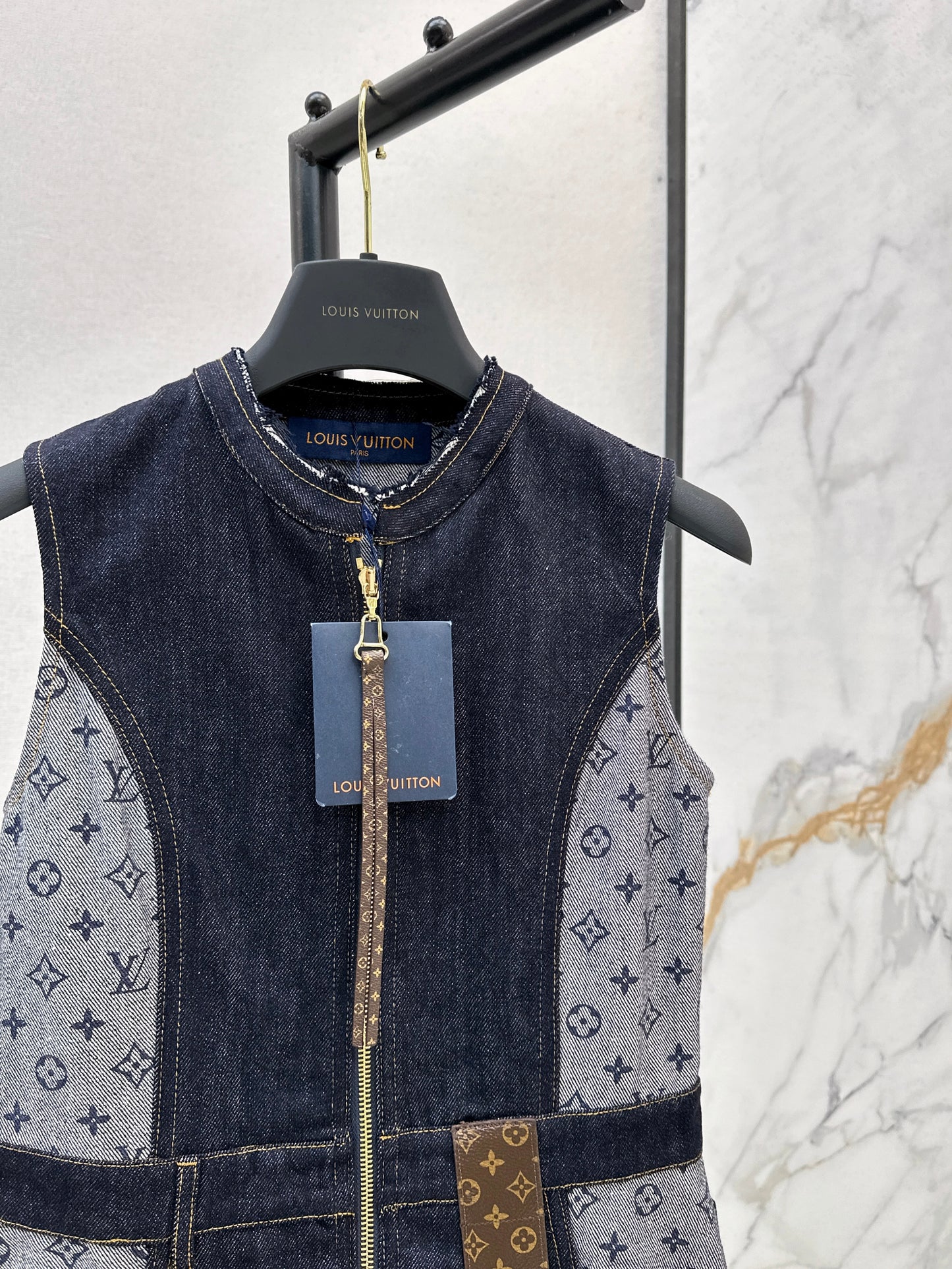 25ss jacquard patchwork leather patch vest dress