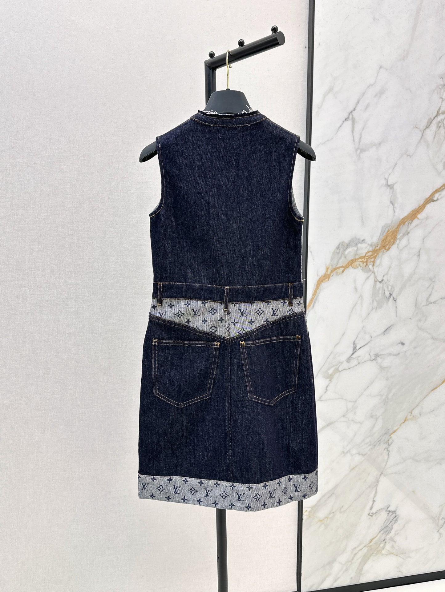 25ss jacquard patchwork leather patch vest dress