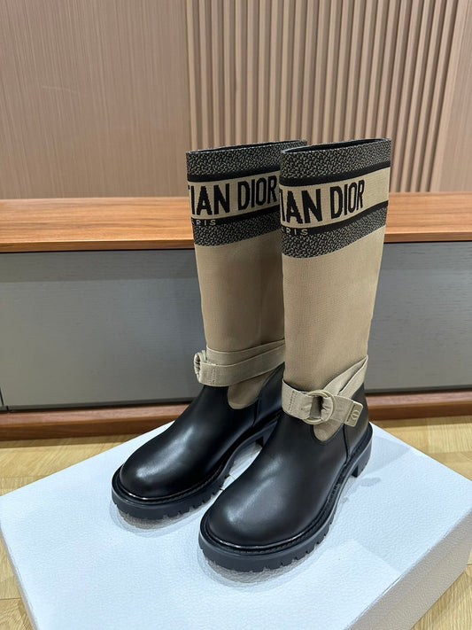Classic style high boots in technical fabric and calfskin
