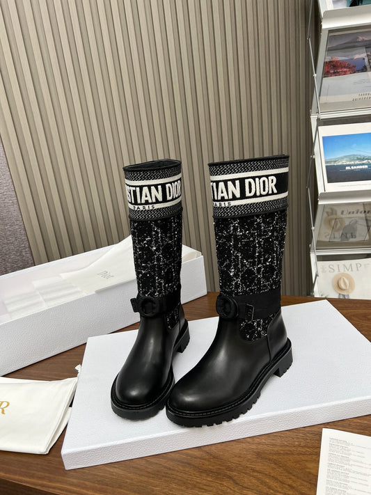 Classic style high boots in technical fabric and calfskin