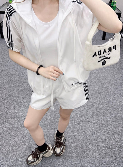 25ss logo embroidered hooded zipper short sleeves + shorts set