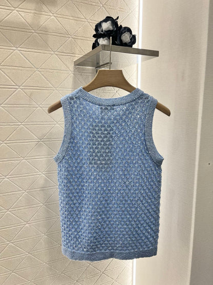25ss sequined beaded hollow knitted vest