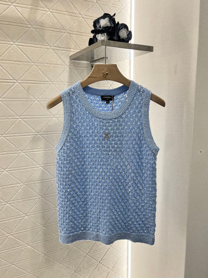 25ss sequined beaded hollow knitted vest