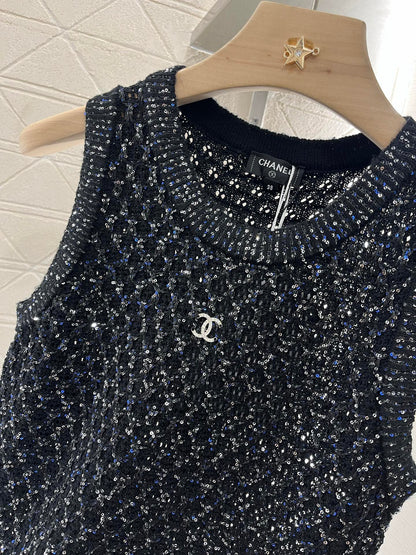 25ss sequined beaded hollow knitted vest