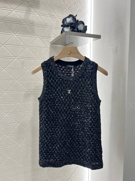 25ss sequined beaded hollow knitted vest