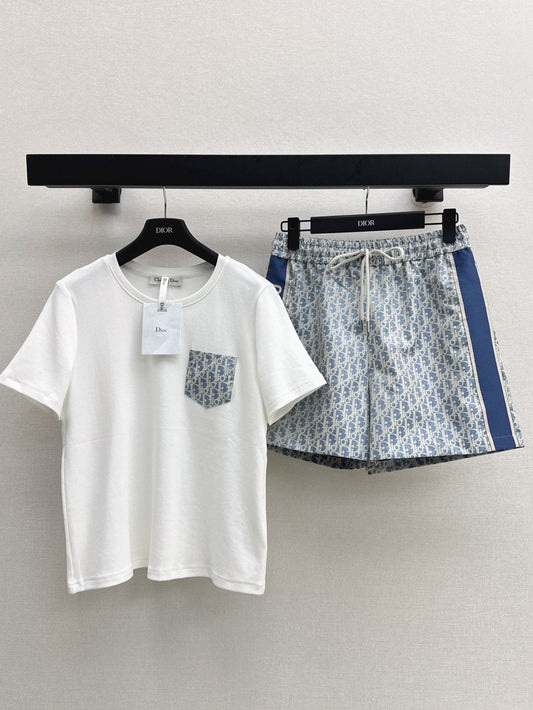25ss spliced pocket decoration round neck T-shirt + shorts set