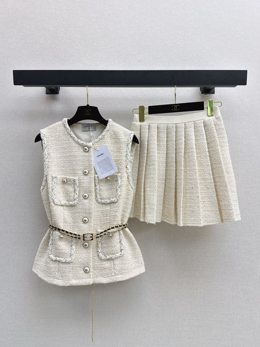 25ss woven vest + pleated skirt suit