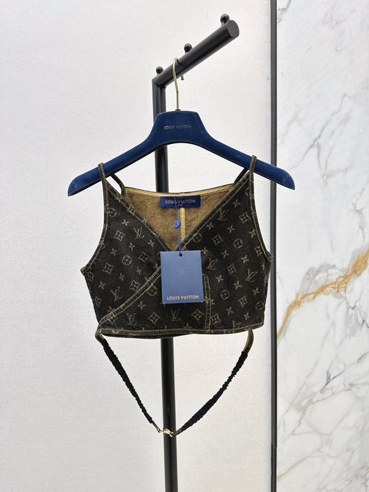 25ss presbyopic denim V-neck denim wrap suspender