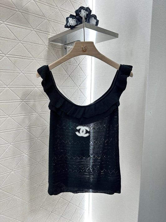 25ss round neck ruffled knitted vest