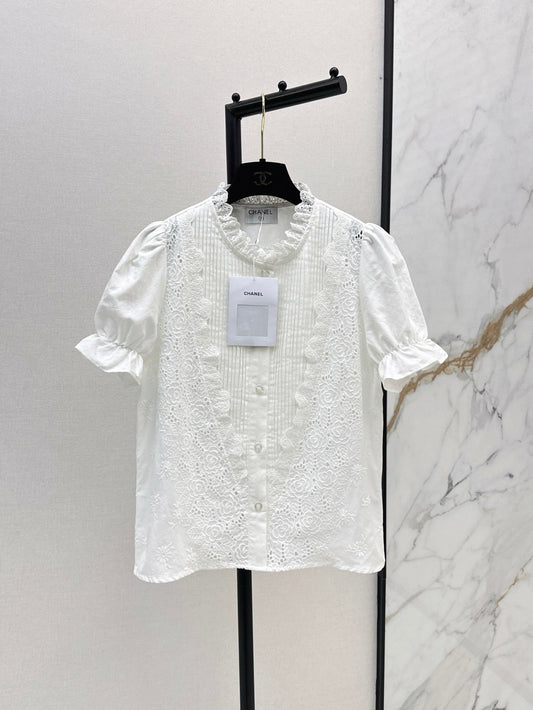 25ss ruffled water-soluble embroidery decorative stand collar puff sleeve T-shirt