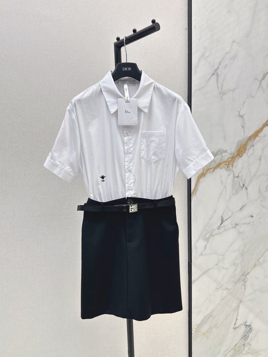 25ss classic black and white contrast shirt fake two-piece spliced skirt dress