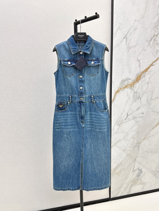 25ss classic triangle logo embellished sleeveless denim dress