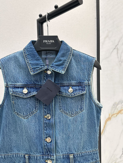 25ss classic triangle logo embellished sleeveless denim dress