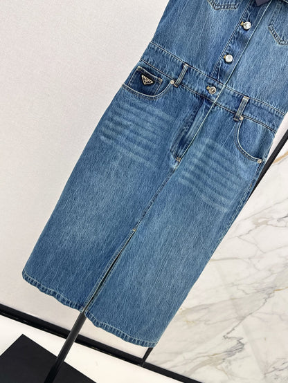 25ss classic triangle logo embellished sleeveless denim dress