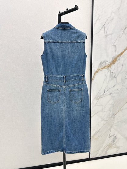 25ss classic triangle logo embellished sleeveless denim dress