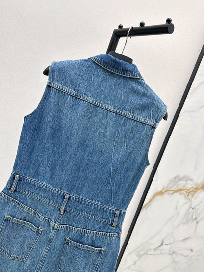 25ss classic triangle logo embellished sleeveless denim dress