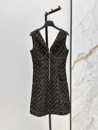 25ss letter jacquard presbyopia denim suspender zipper dress