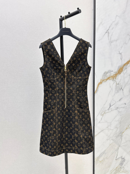 25ss letter jacquard presbyopia denim suspender zipper dress