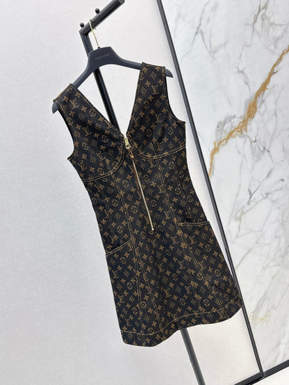 25ss letter jacquard presbyopia denim suspender zipper dress