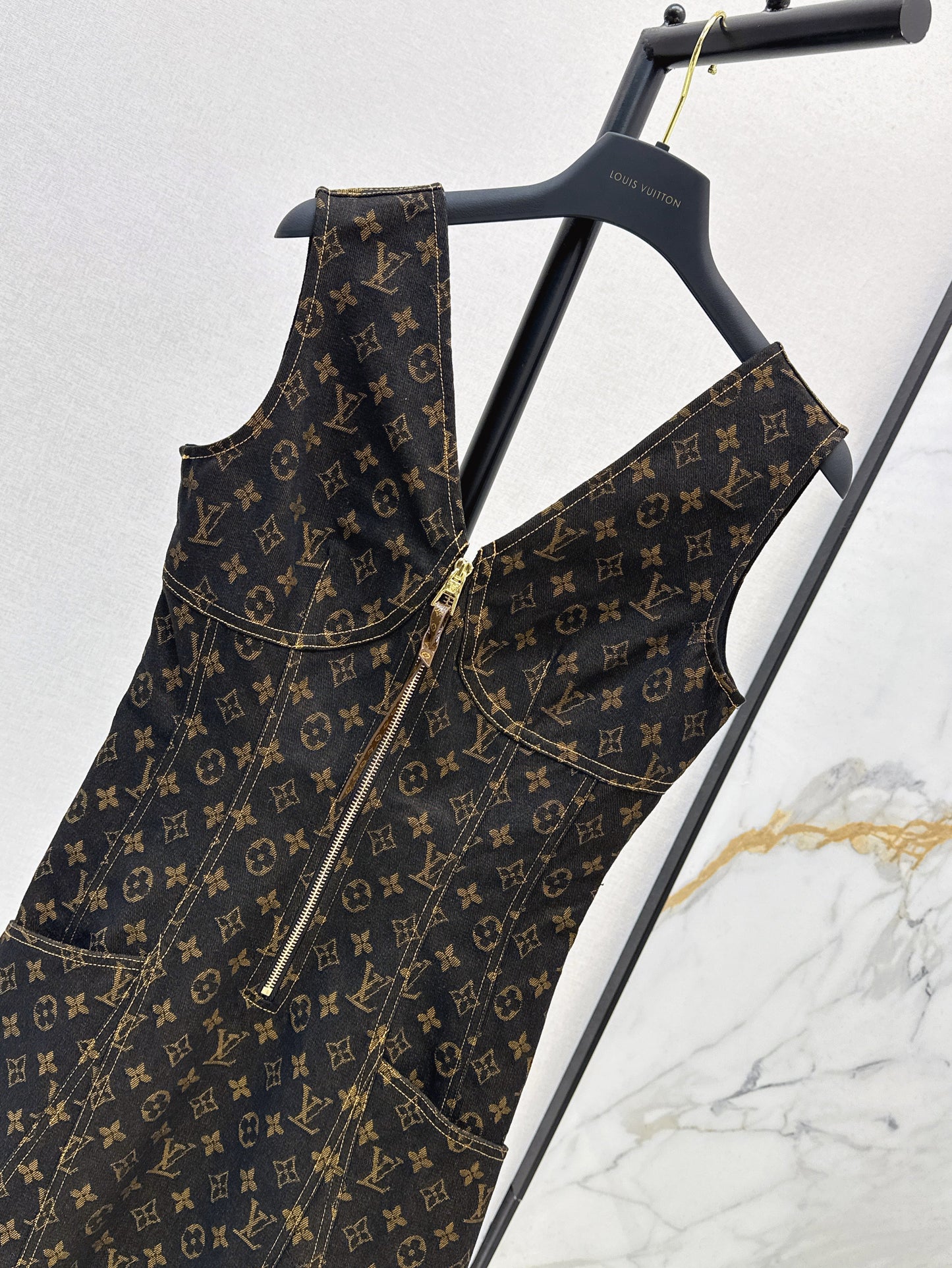 25ss letter jacquard presbyopia denim suspender zipper dress