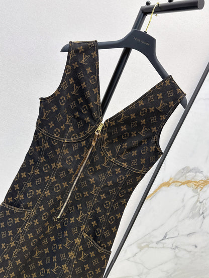 25ss letter jacquard presbyopia denim suspender zipper dress