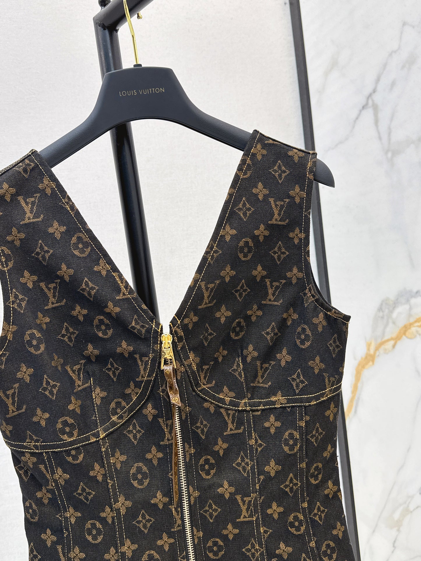 25ss letter jacquard presbyopia denim suspender zipper dress