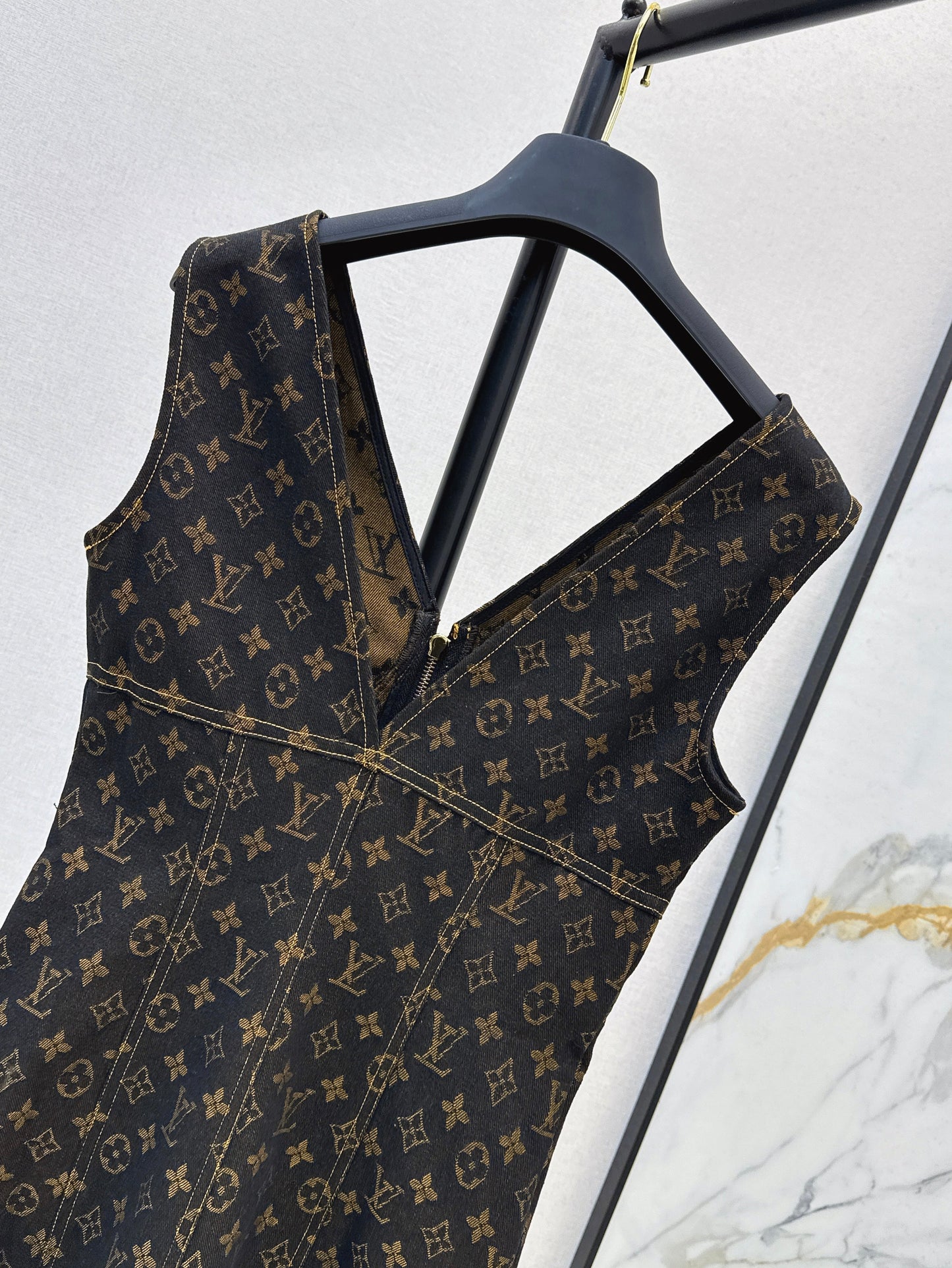 25ss letter jacquard presbyopia denim suspender zipper dress