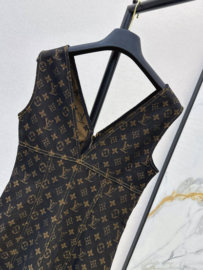 25ss letter jacquard presbyopia denim suspender zipper dress
