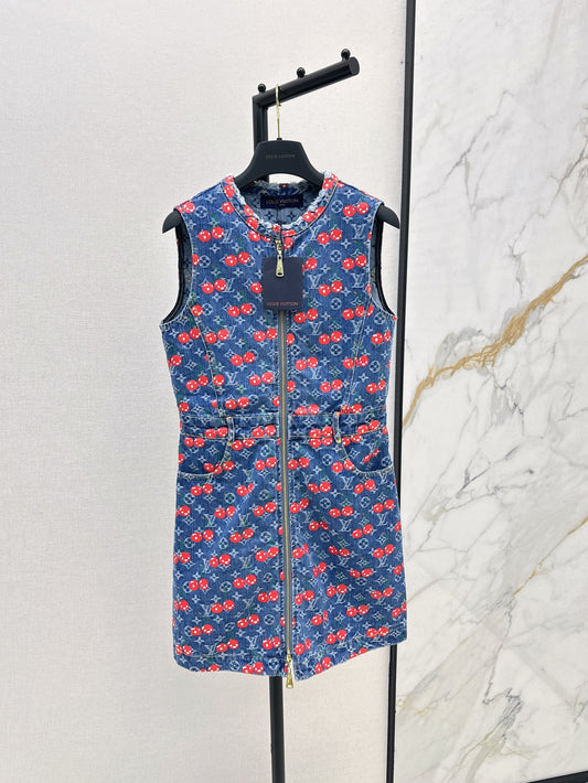 25ss cherry lettered jacquard round neck zipper sleeveless dress