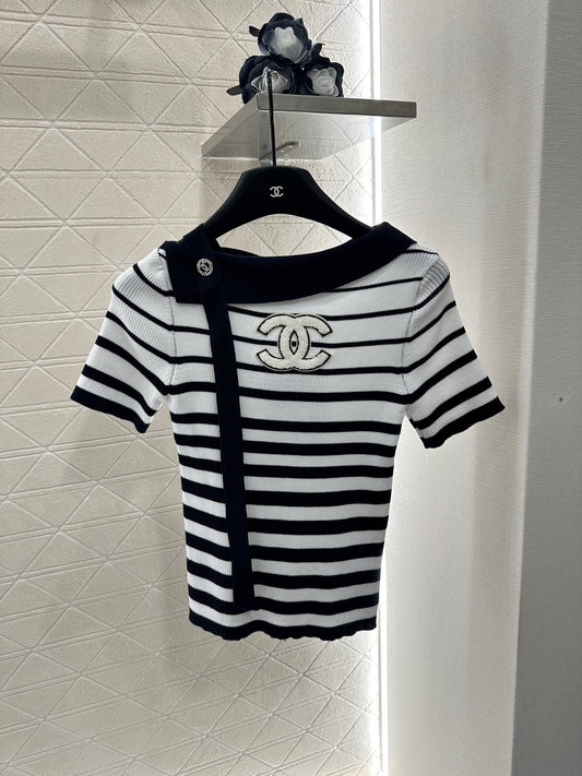 25ss off-shoulder lapel ribbon knitted short sleeves