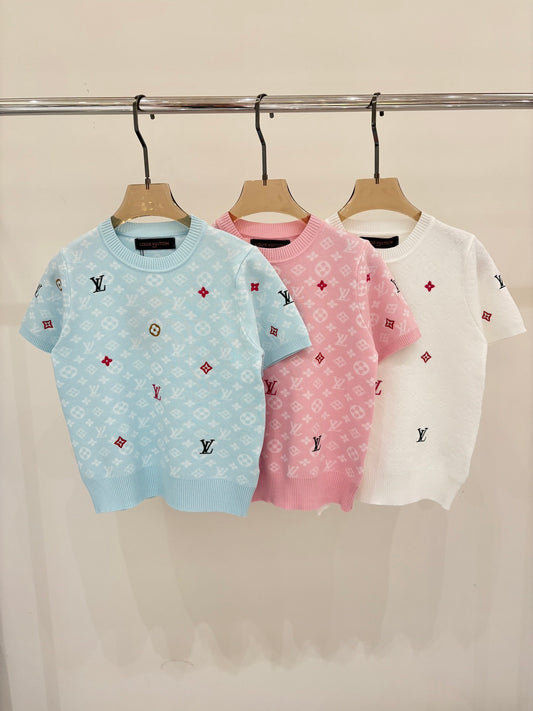 25ss dark jacquard knitted embroidery short sleeves